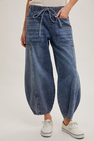 Denim Mid- Waist Drawstring Barrel Jeans