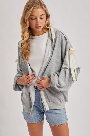 Baloon Sleeve Lace Trimmed Zipper Hoodie