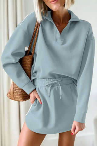 Lapel Long Sleeve Top and Elastic Waist Skirt Set