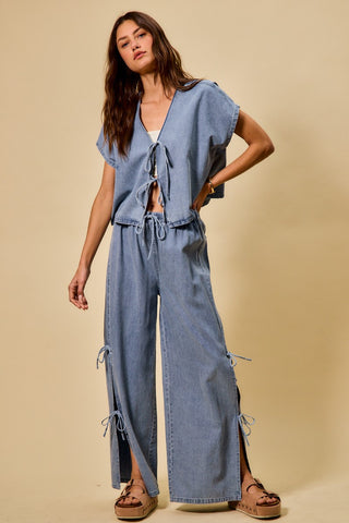 Tie Denim Dolman Top And Casual Wide Leg Pants